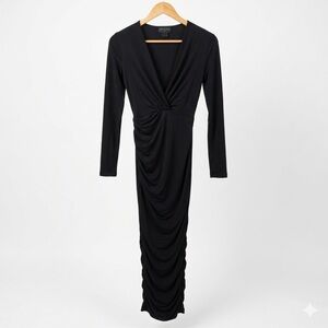 Emprada Black Deep V-Neck Ruched Front Twist Maxi Dress Long Sleeve XS